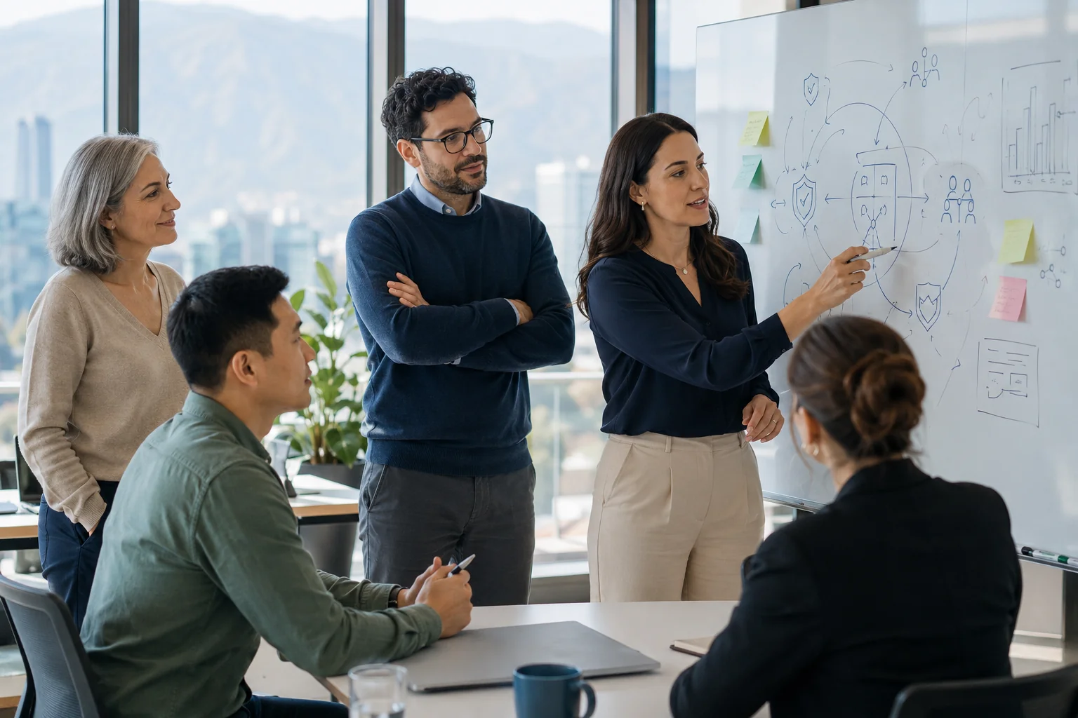 Equipo de trabajo analizando un esquema de gobernanza y seguridad de la IA